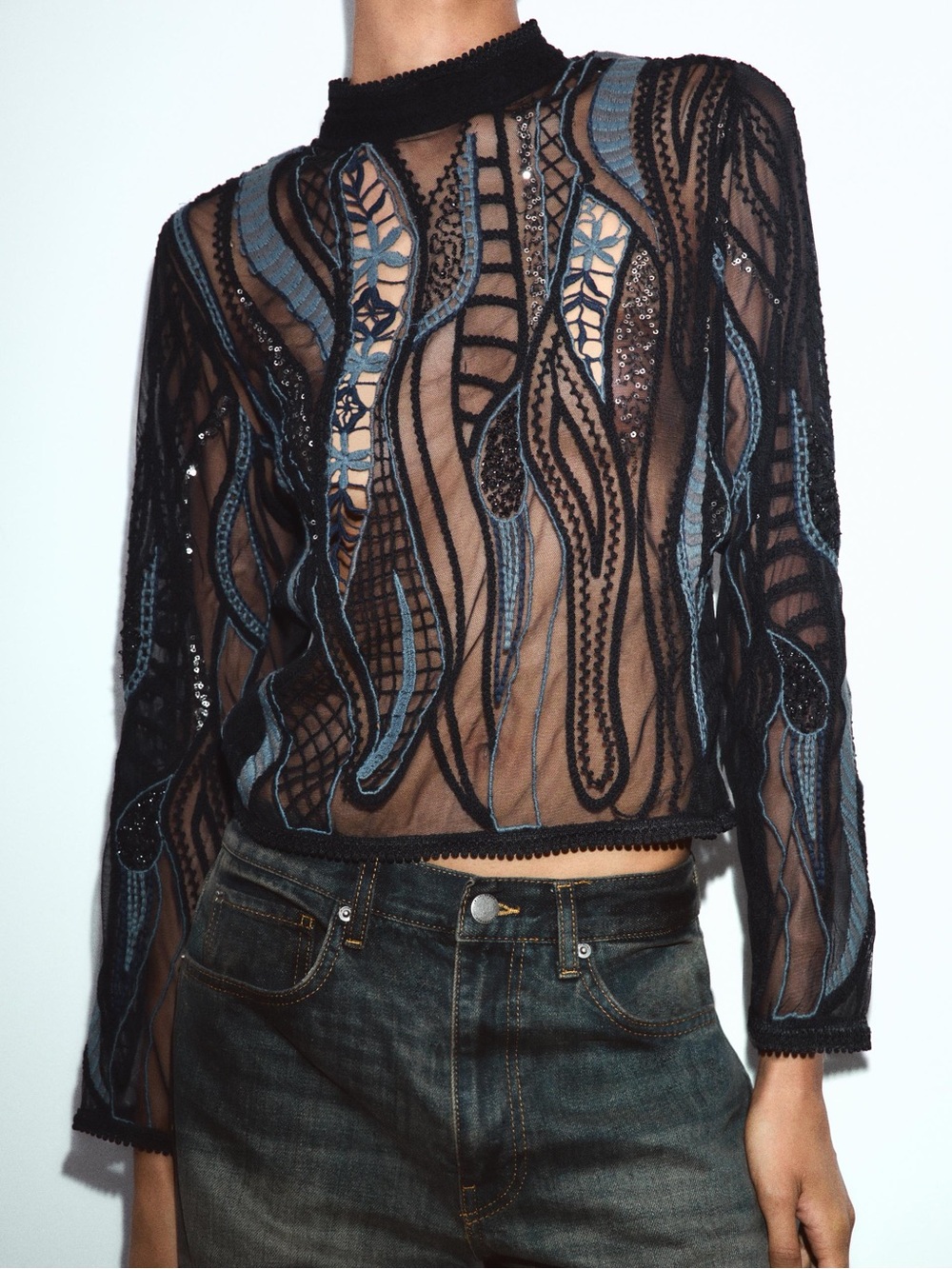 Zara ZW Collection Embroidered Mesh Sequin Top Black Blue Sheer Festival Boho